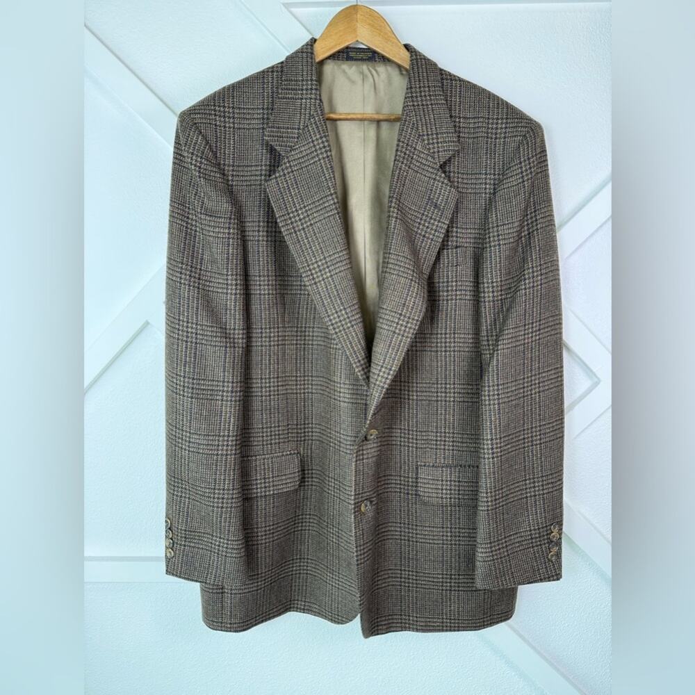 Vintage Oscar de la Renta Sport Coat Blazer 100% Wool Glen Plaid Brown Check 44L
